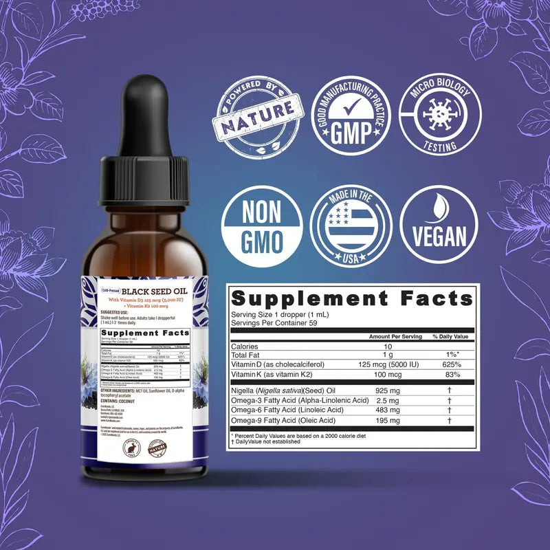Gurunanda Cold Pressed Black Seed Oil with Vitamin D3, K2, & E