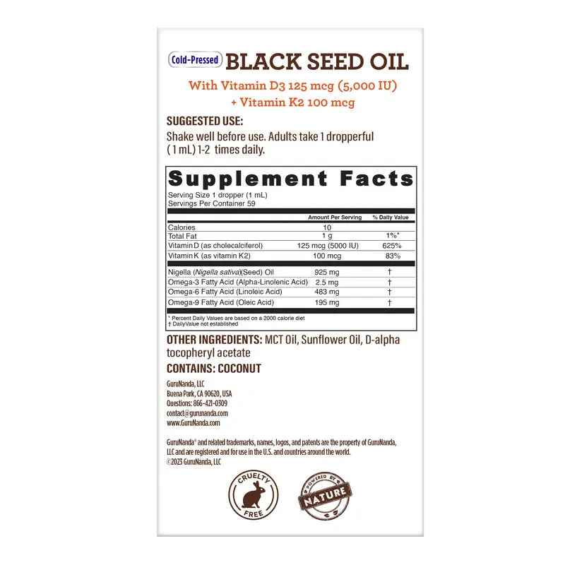 Gurunanda Cold Pressed Black Seed Oil with Vitamin D3, K2, & E